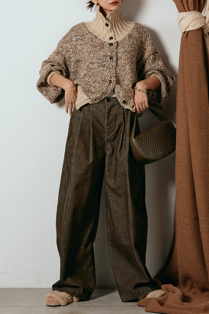 [SET]ハイネックミックスニットカーディガン+フロントタック入りコーデュロイパンツ(2set)