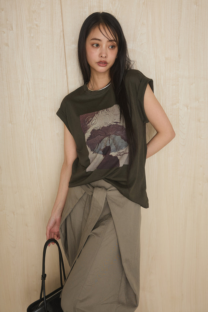 [SET]スクエアニュアンス柄Tシャツ+前結びタックワイドパンツ(2set)