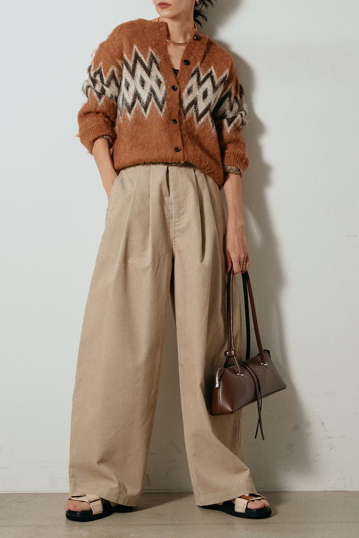 [SET]起毛ノルディック柄ニットカーディガン+フロントタック入りコーデュロイパンツ(2set)