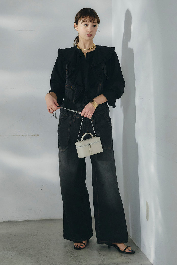 [SET]コットンフリルブラウス+デニムサロペットワイドパンツ(2set)