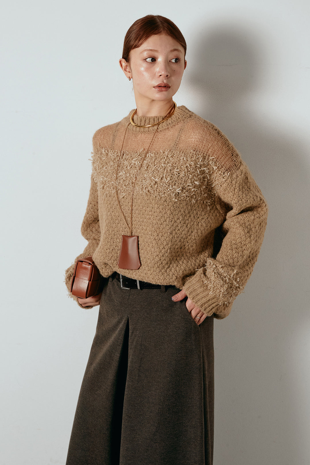 [SET]パターンランダム編みニットトップス+ベルト付きフロントタックデザインパンツ(2set)