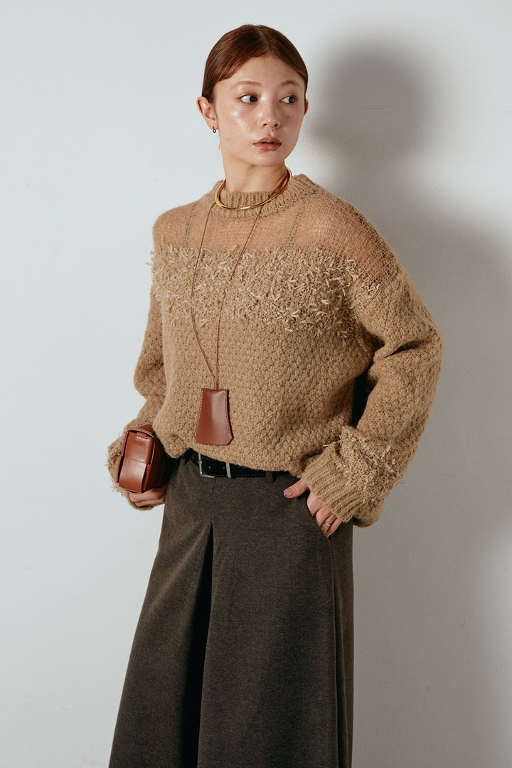 [SET]パターンランダム編みニットトップス+ベルト付きフロントタックデザインパンツ(2set)