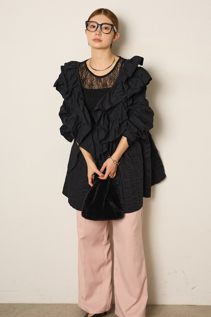 [SET]Vネックフリルカラーブラウス+ストレッチレースクルーネックインナー(2set)