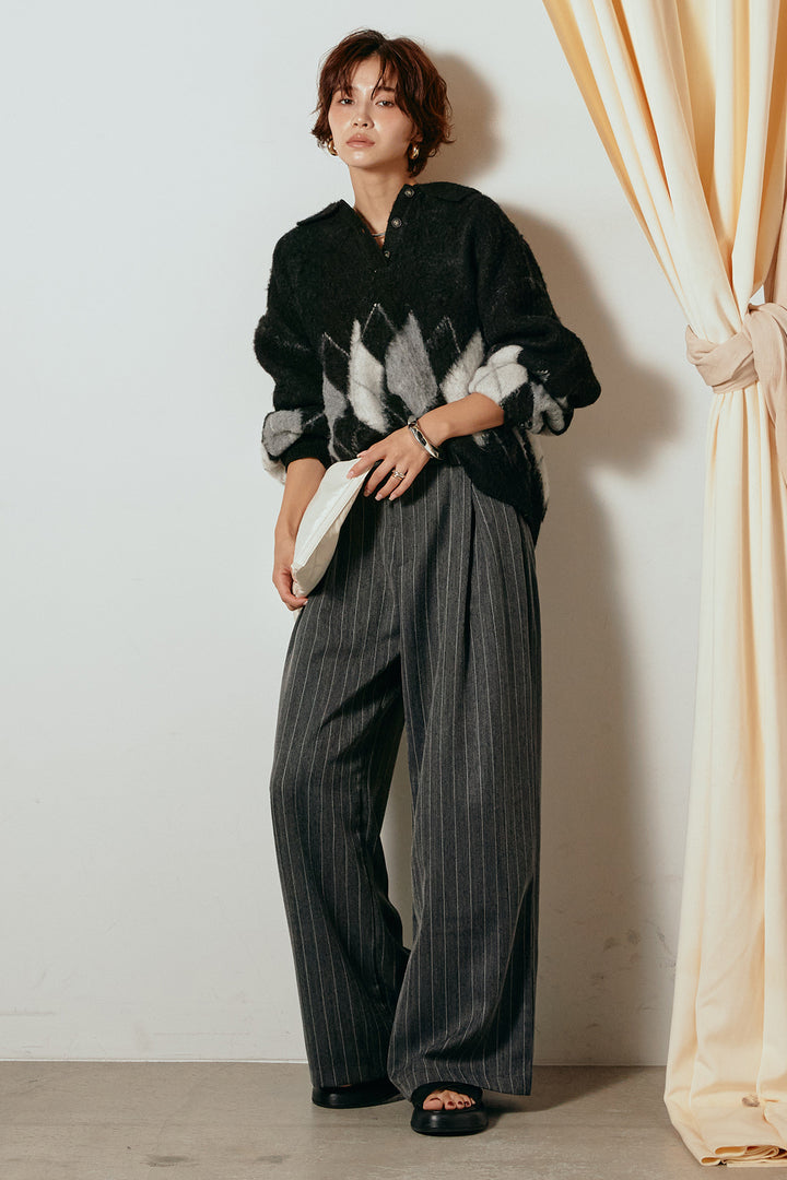 [SET]アーガイル柄ポロニットトップス+ストライプヘリンボーンパンツ(2set)