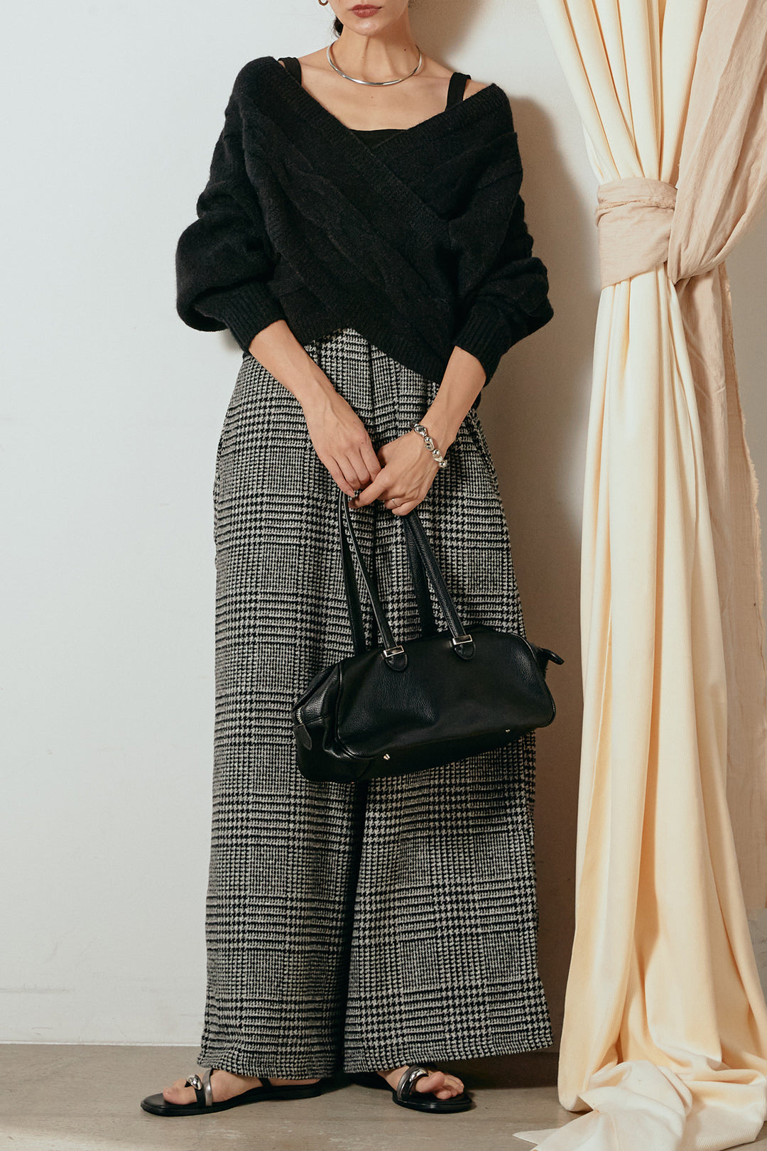 [SET]ケーブルカシュクールニットトップス+前後2wayグレンチェック柄スカーチョサロペット(2set)