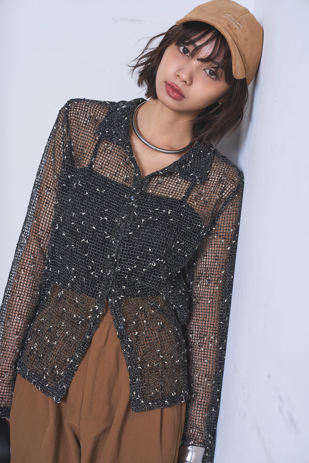 [SET]ネップメッシュポロ襟カーディガン+ドライタフタタックバレルパンツ(2set)