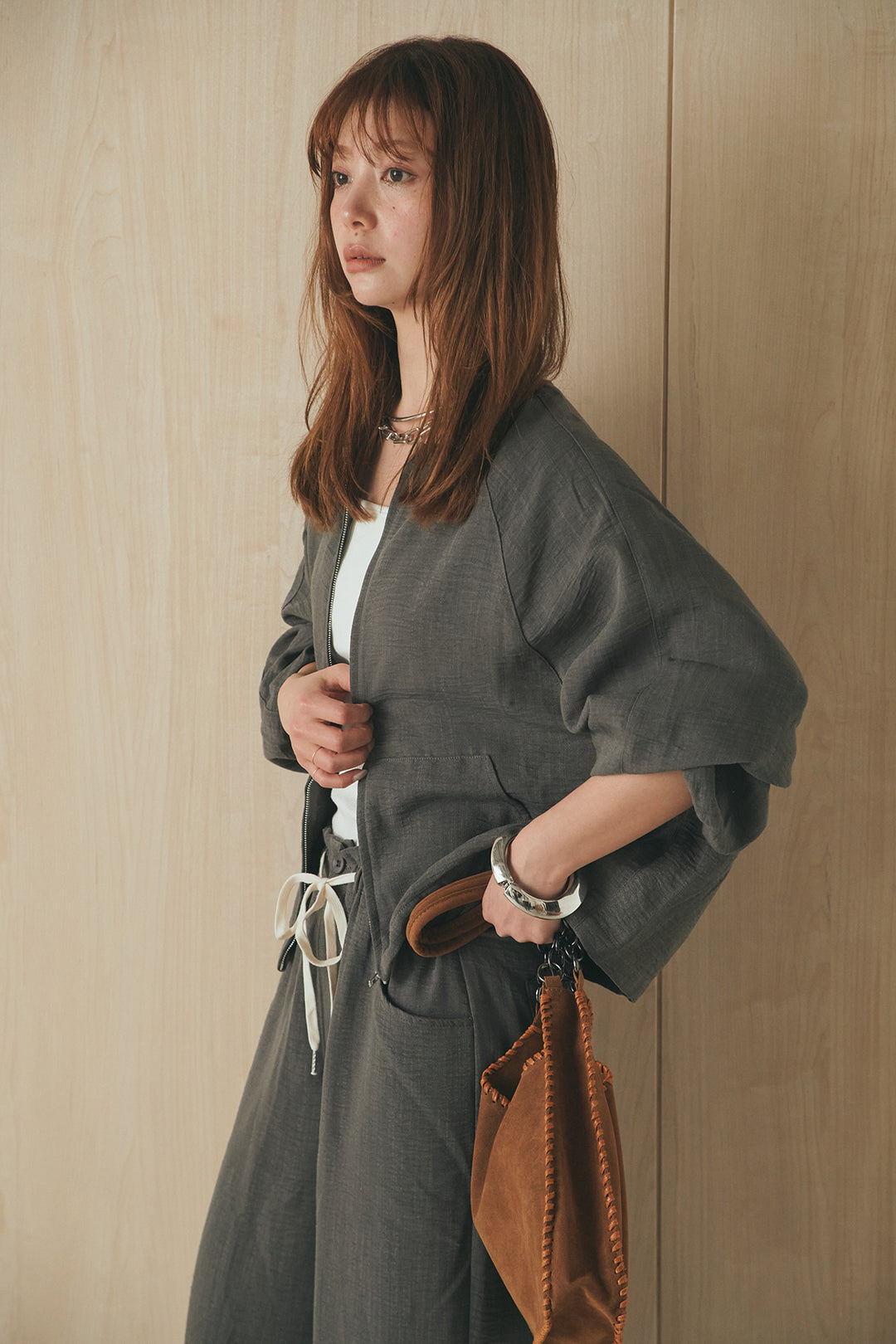 [SET]麻混ノーカラーブルゾン+麻混ウエストドロストパンツ(2set)