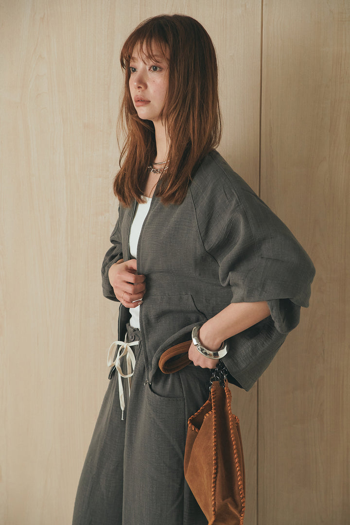 [SET]麻混ノーカラーブルゾン+麻混ウエストドロストパンツ(2set)