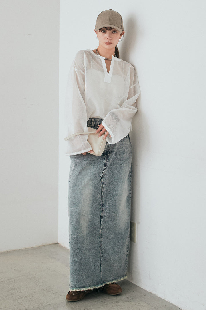 [SET]メッシュカットソースキッパープルオーバー+ウエストクロスデニムタイトスカート(2set)