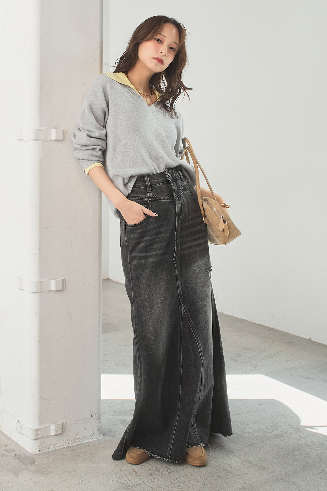 [SET]バイカラーニットレイヤード風プルオーバー+Aラインデニムスカート(2set)