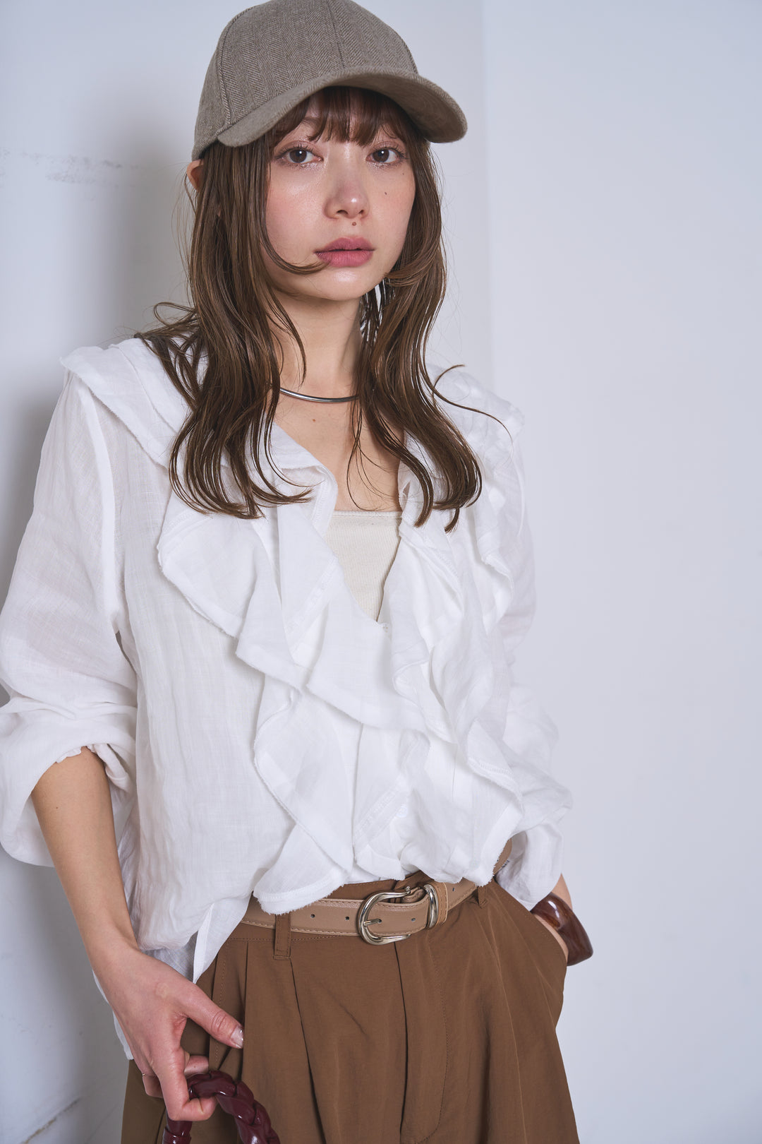 [SET]フリルボタンブラウス+ドライタフタタックバレルパンツ(2set)