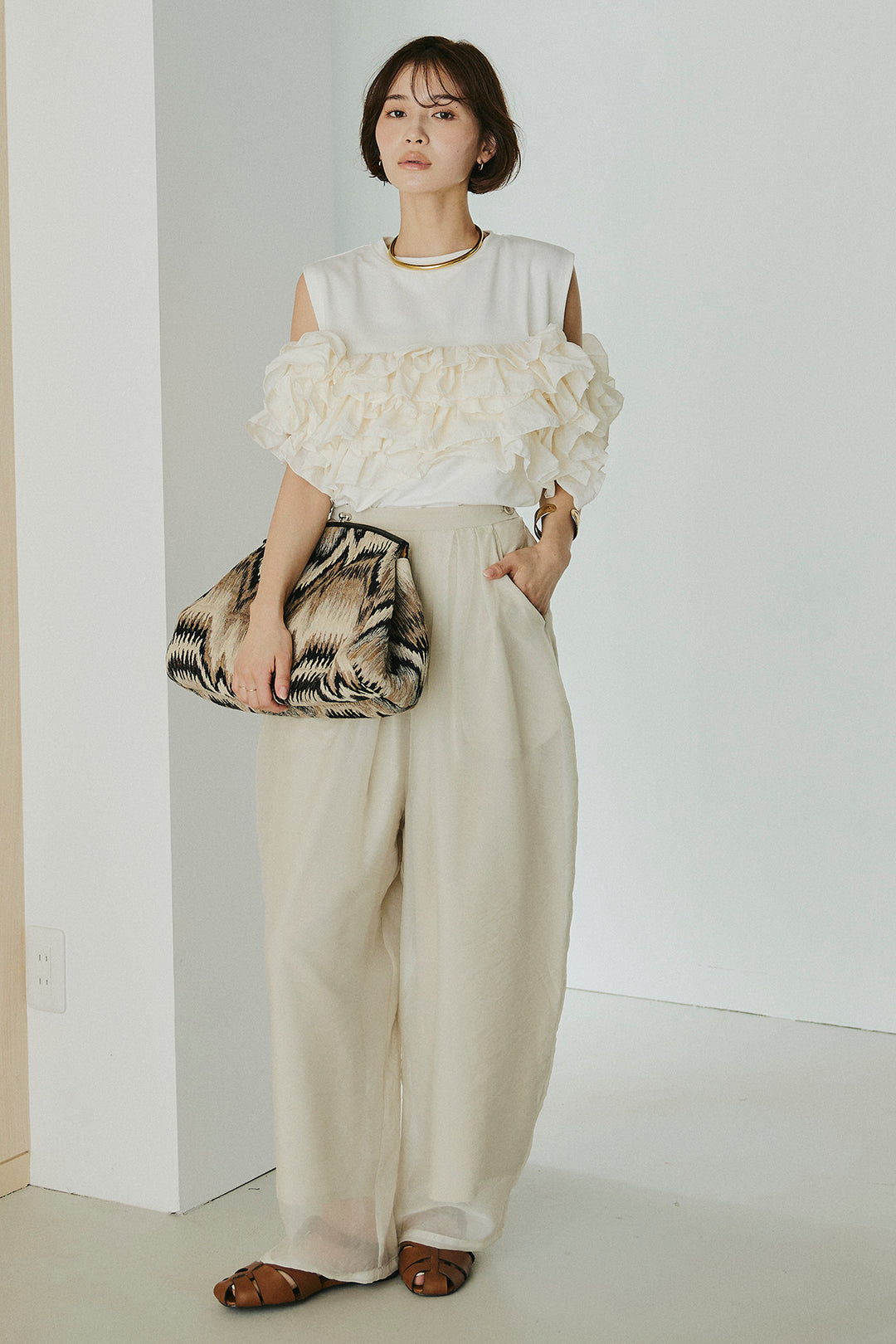 [SET]天竺ナイロンドッキングビスチェ風トップス+オーガンジータックパンツ(2set)