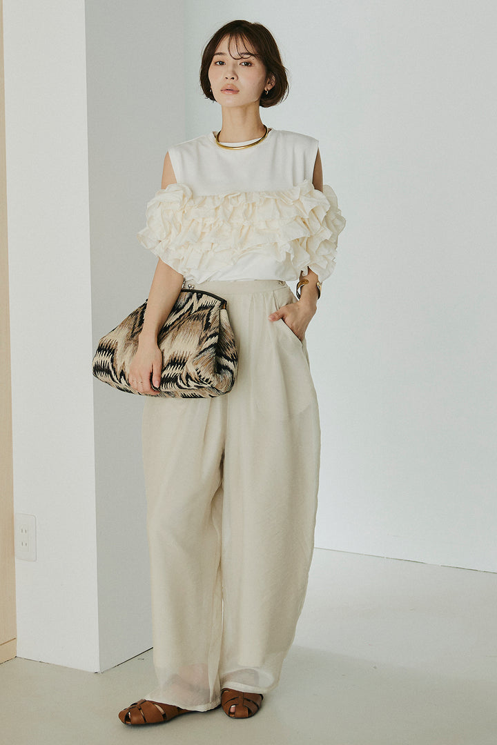 [SET]天竺ナイロンドッキングビスチェ風トップス+オーガンジータックパンツ(2set)