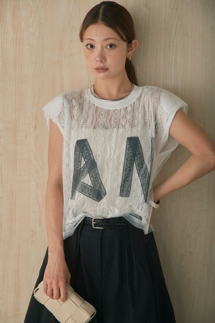 [SET]ロゴレースチュール重ねトップス+ニーサイドタックボリュームカーブパンツ(2set)