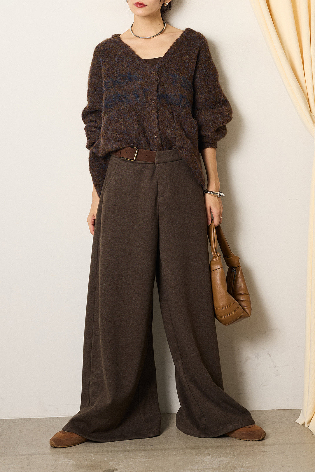 [SET]ウール混透かしロゴニットカーディガン+サイドベルトパンツ(2set)