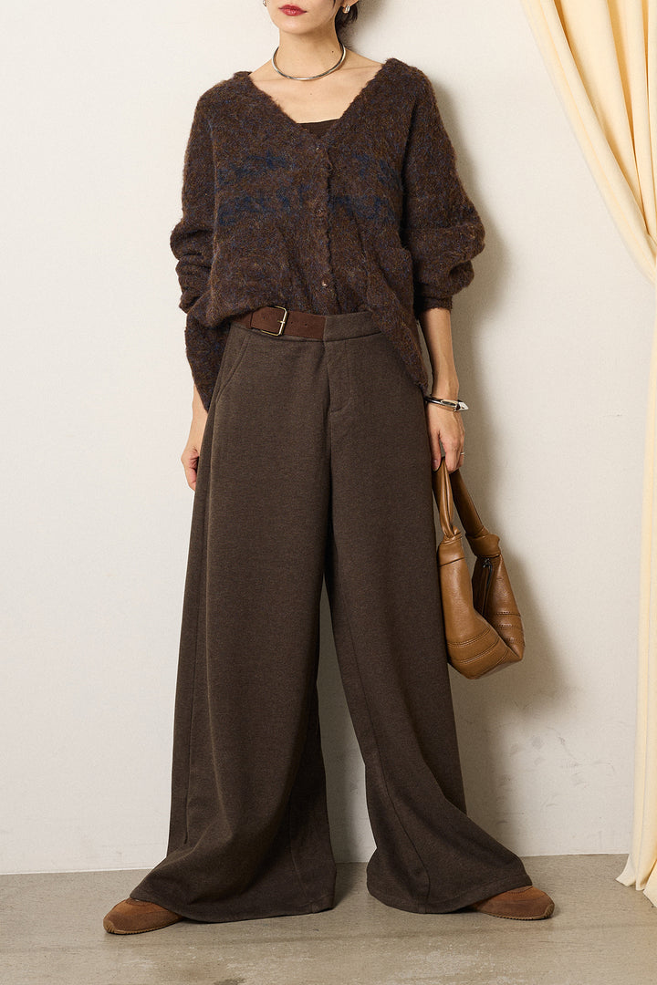 [SET]ウール混透かしロゴニットカーディガン+サイドベルトパンツ(2set)