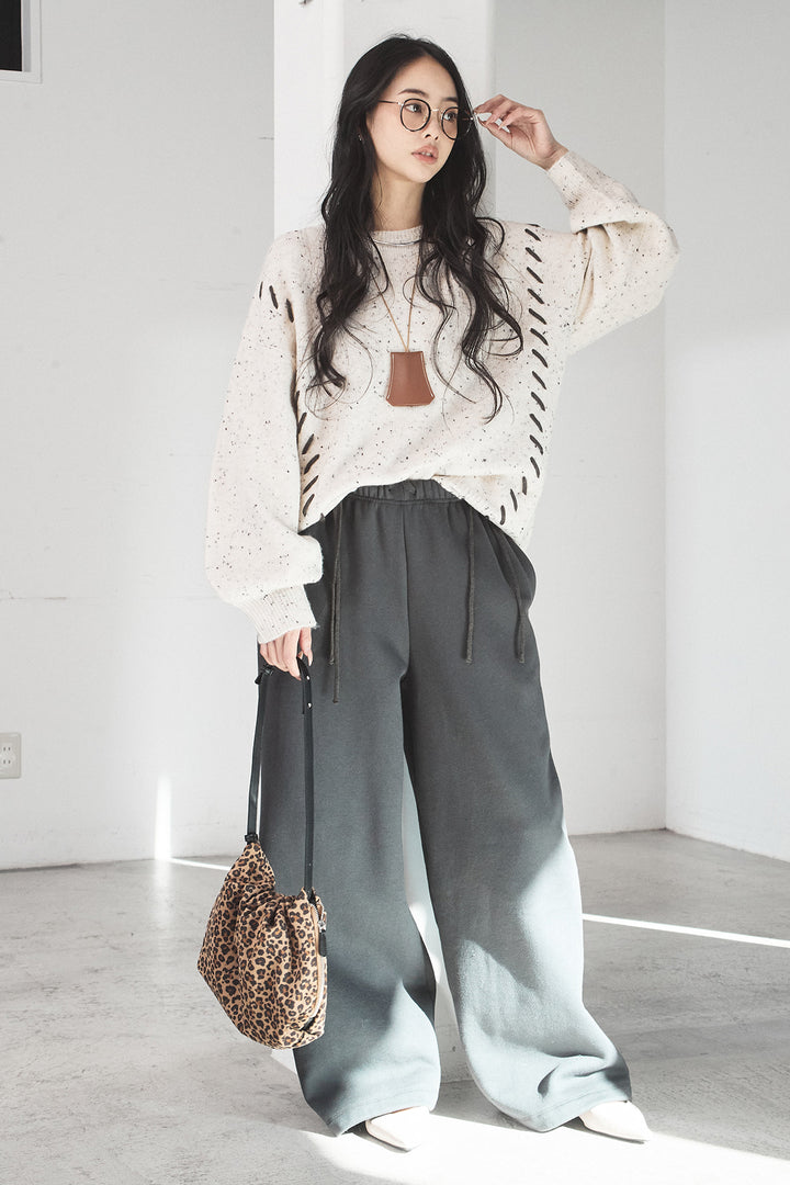 [SET]ネップ編み上げニットトップス+裏起毛スウェットワイドパンツ(2set)