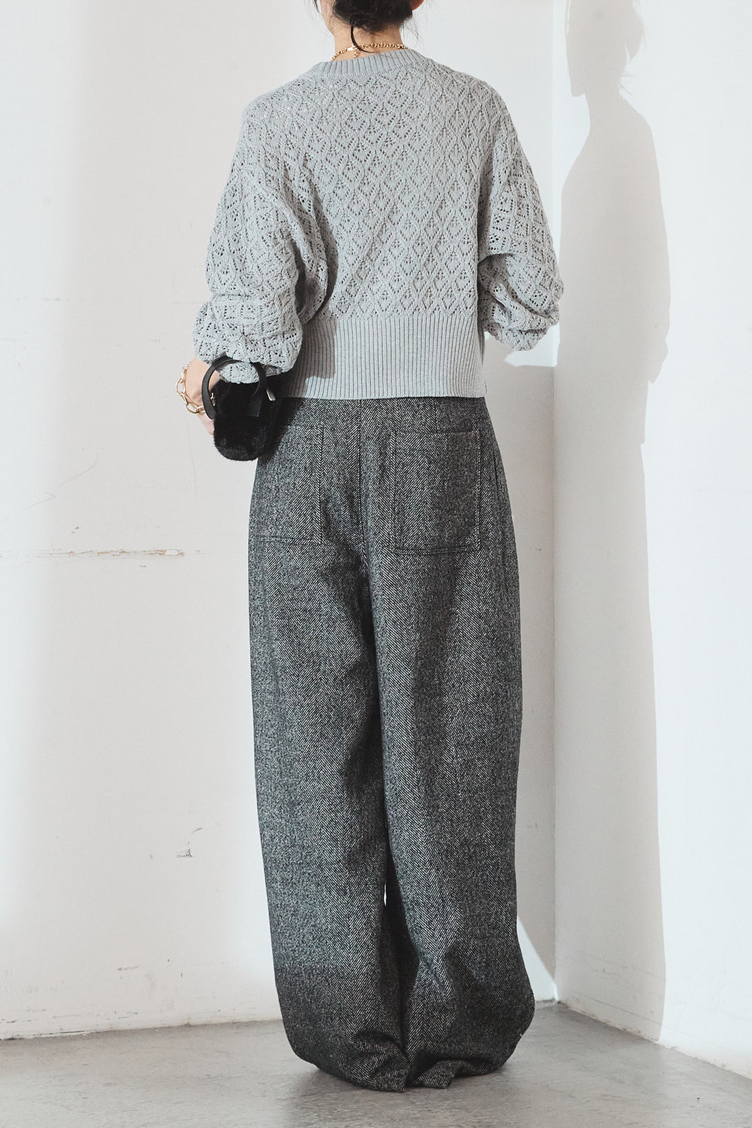 [SET]透かし編みニットジップスリットプルオーバー+タックツイードワイドパンツ(2set)