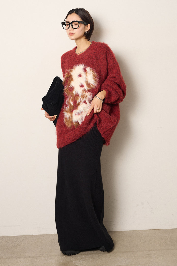 [SET]シャギーニュアンスアニマルニット+リブナローニットスカート(2set)