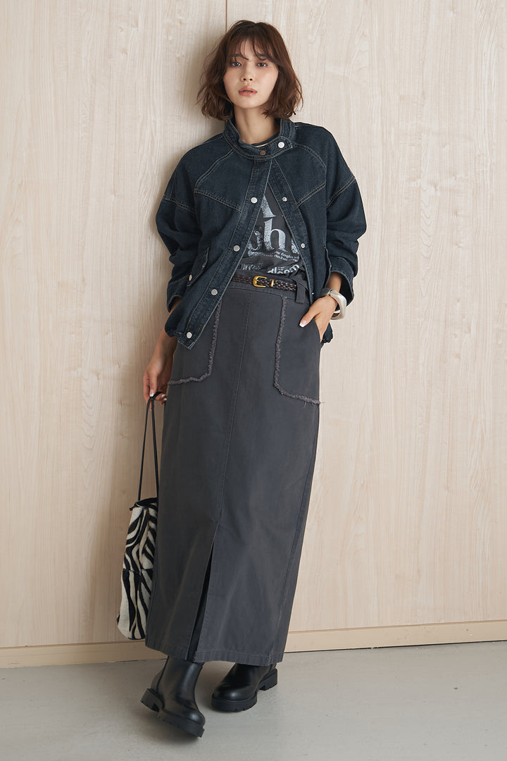 [SET]ヴィンテージライクスタンドカラーデニムブルゾン+カットオフポケットベイカースカート(2set)