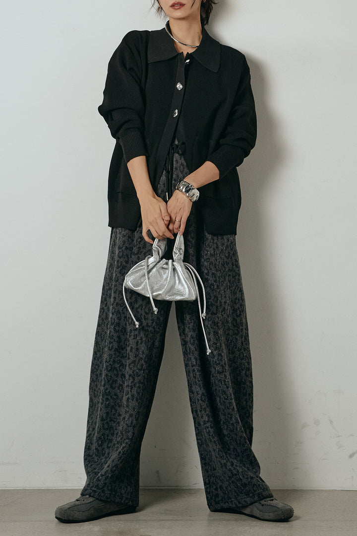 [SET]メタル釦衿付きニットカーディガン+リラックスレオパード柄ワイドパンツ(2set)