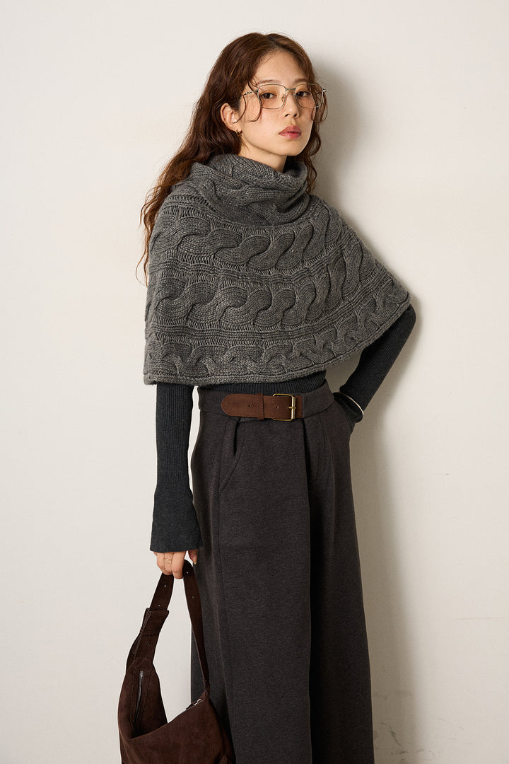 [SET]ケーブル編みケープレイヤードニット+サイドベルトパンツ(2set)