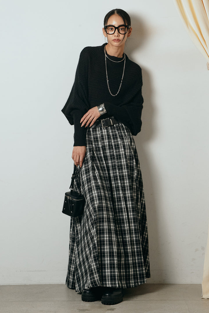 [SET]ポンチョシルエット透かしニットトップス+ベルト付きタータンチェックプリーツスカート(2set)
