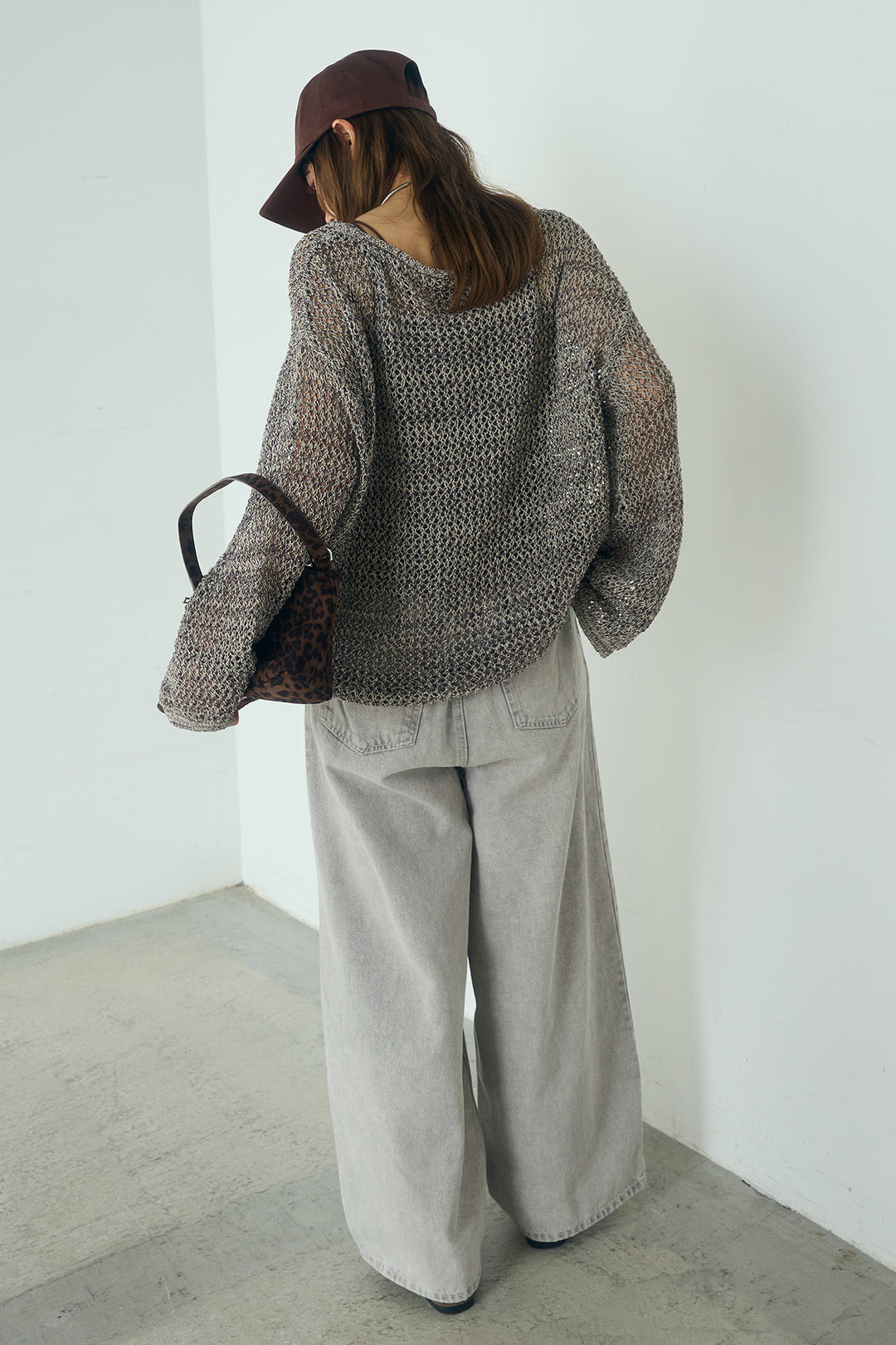 [SET]メッシュ編みビスチェセットVネックプルオーバー+カラーデニムタックカーブパンツ(2set)