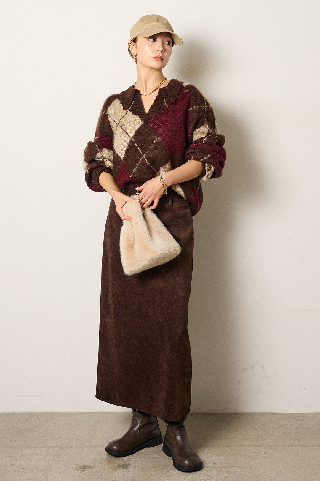 [SET]アクリルモヘアアーガイルキーネックプルオーバー+ロープベルト付きスウェード調スカート(2set)