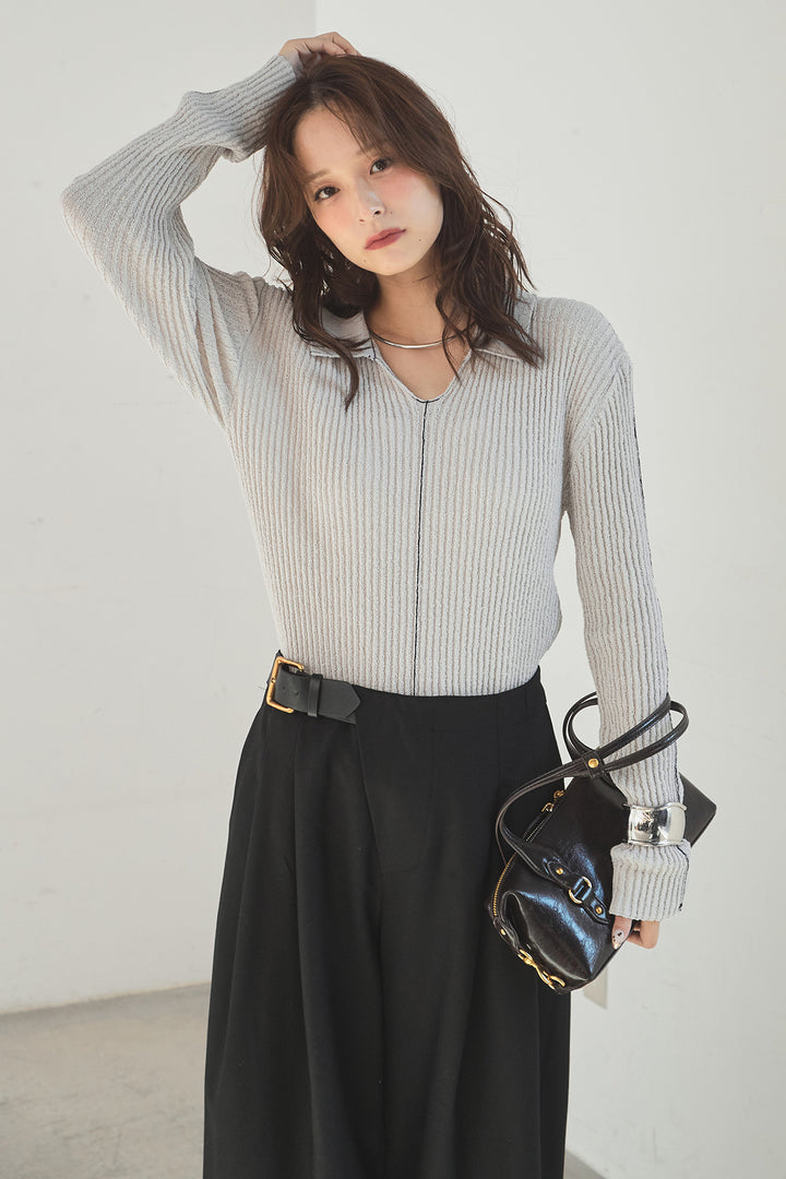 [SET]衿付きニットプルオーバー+サイドベルトタック入りスラックス(2set)