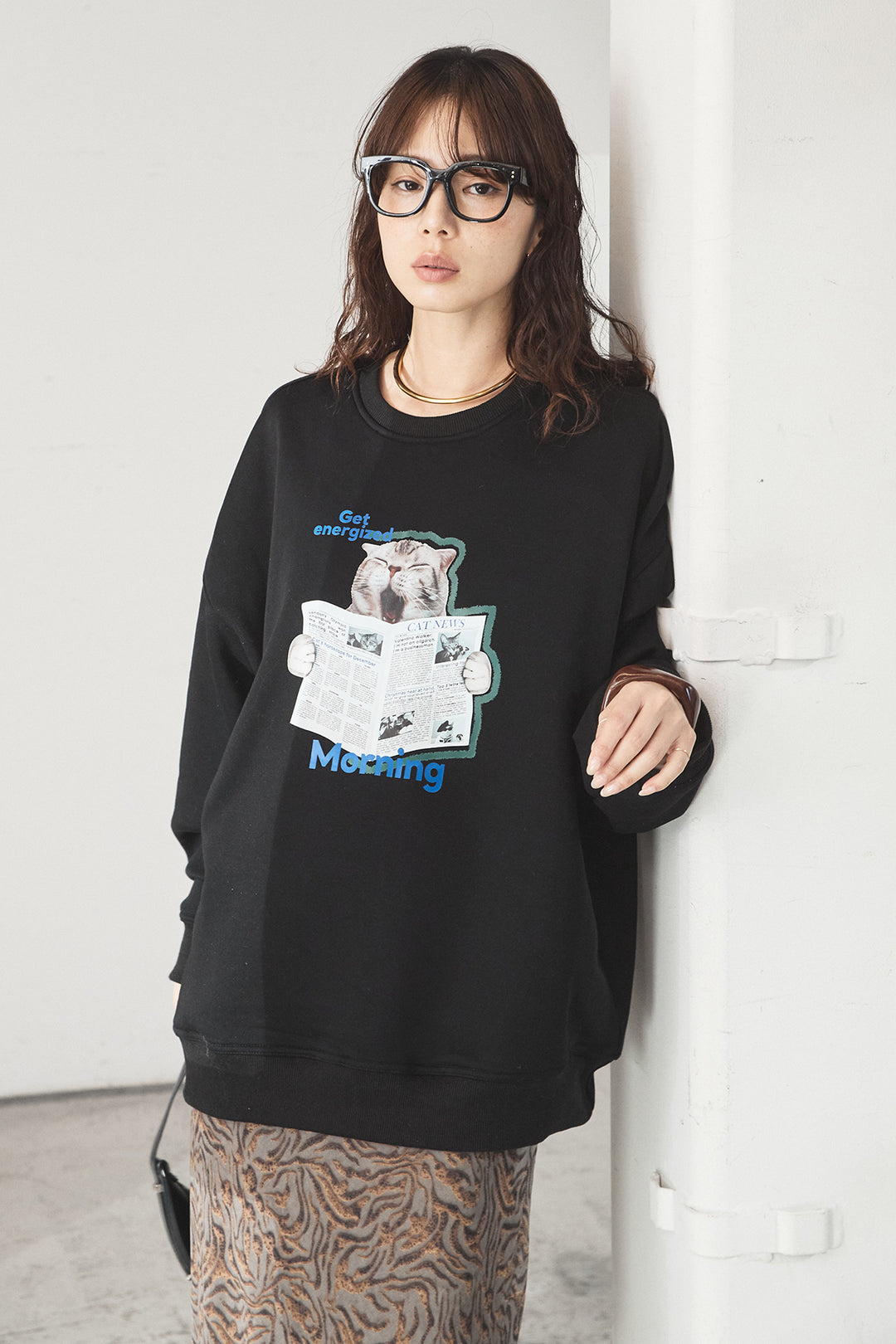 [SET]裏起毛モーニングキャットプリントスウェット+抽象柄ロングスカート(2set)