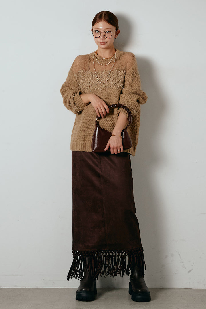 [SET]パターンランダム編みニットトップス+スウェードライク裾フリンジスカート(2set)