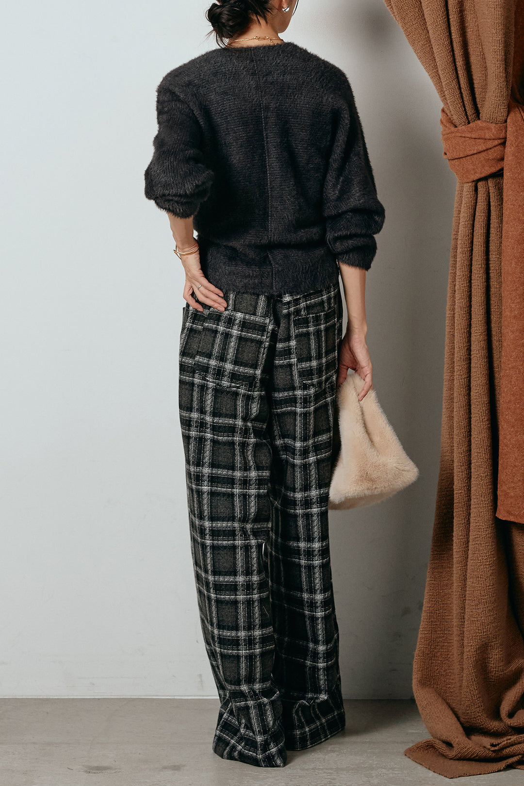 [SET]シャギーカシュクールニットトップス+ルーズタータンチェックワイドパンツ(2set)