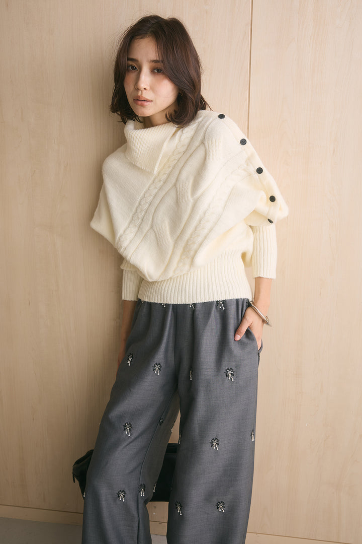 [SET]アシメカラーボタンケーブルニット+総ビーズ刺繍パンツ(2set)