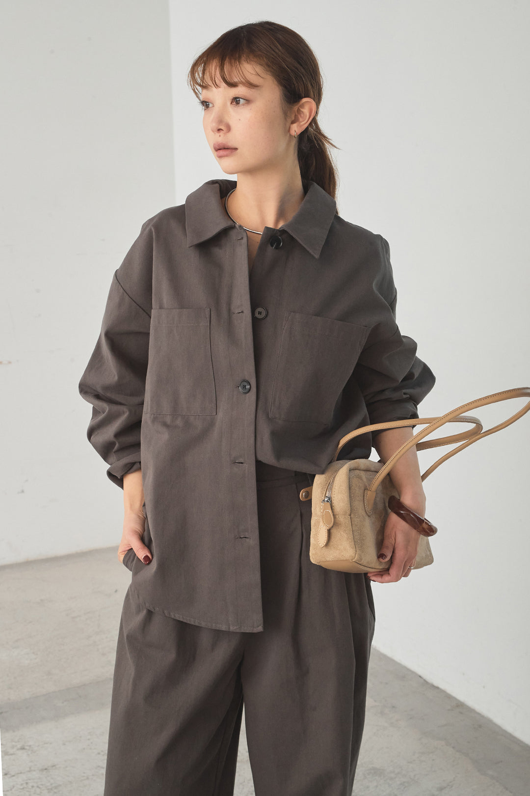 [SET]ツイルシャツジャケット+ツイルハイウエストタックパンツ(2set)