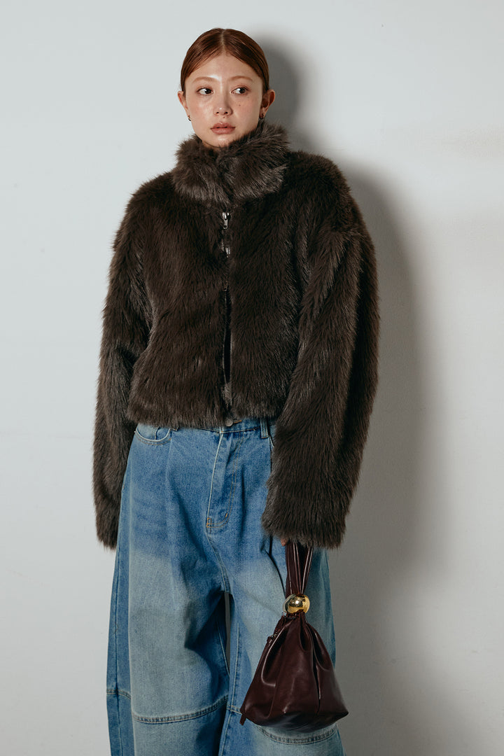 [SET]エコファーショート丈ブルゾン+加工デニムタックコクーンワイドパンツ(2set)