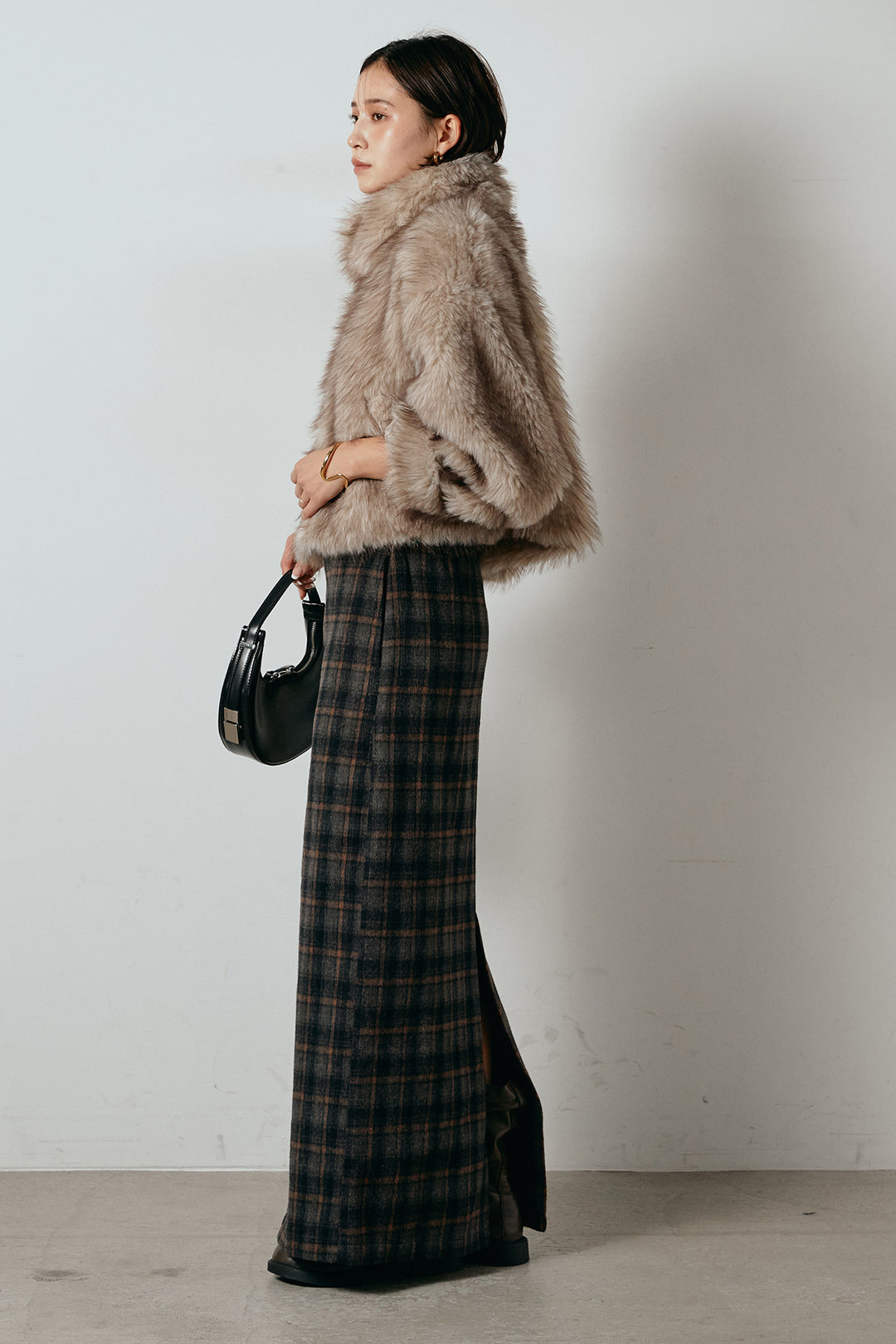 [SET]エコファーショート丈ブルゾン+シャギーチェックストレートスカート(2set)