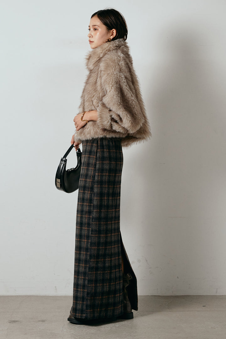 [SET]エコファーショート丈ブルゾン+シャギーチェックストレートスカート(2set)