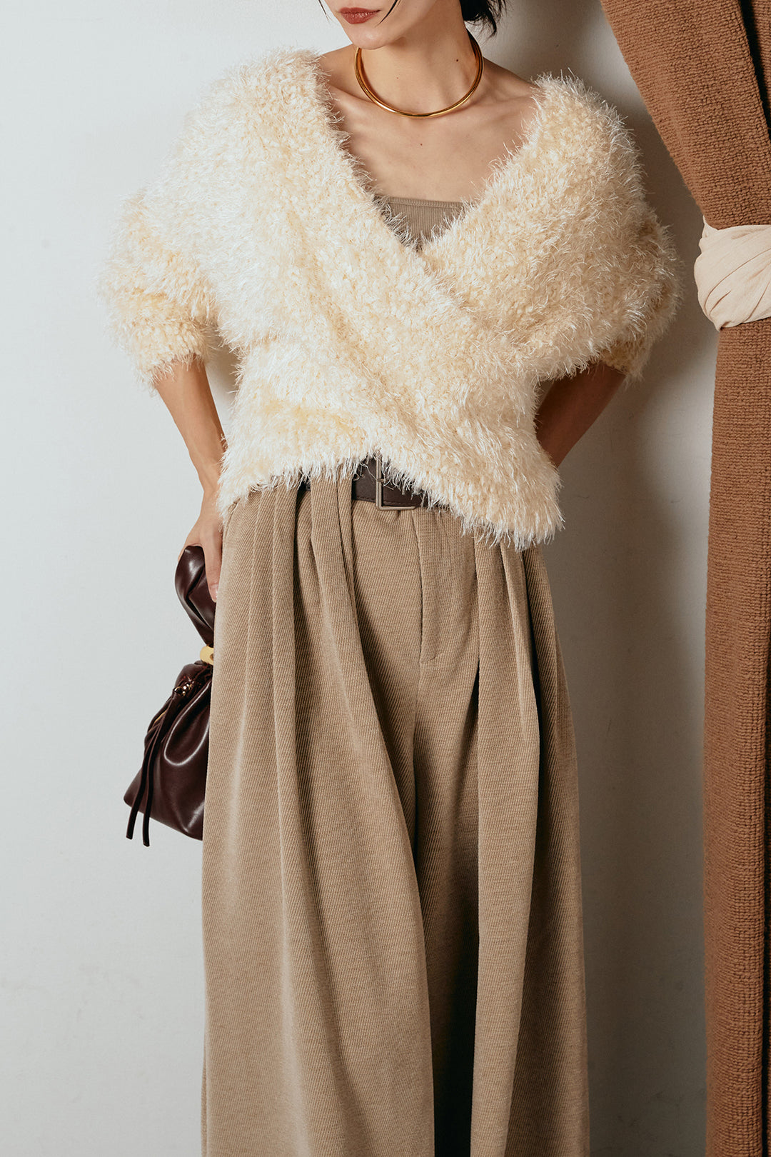 [SET]シャギークロスニットトップス+ベルトループコーデュロイワイドパンツ(2set)