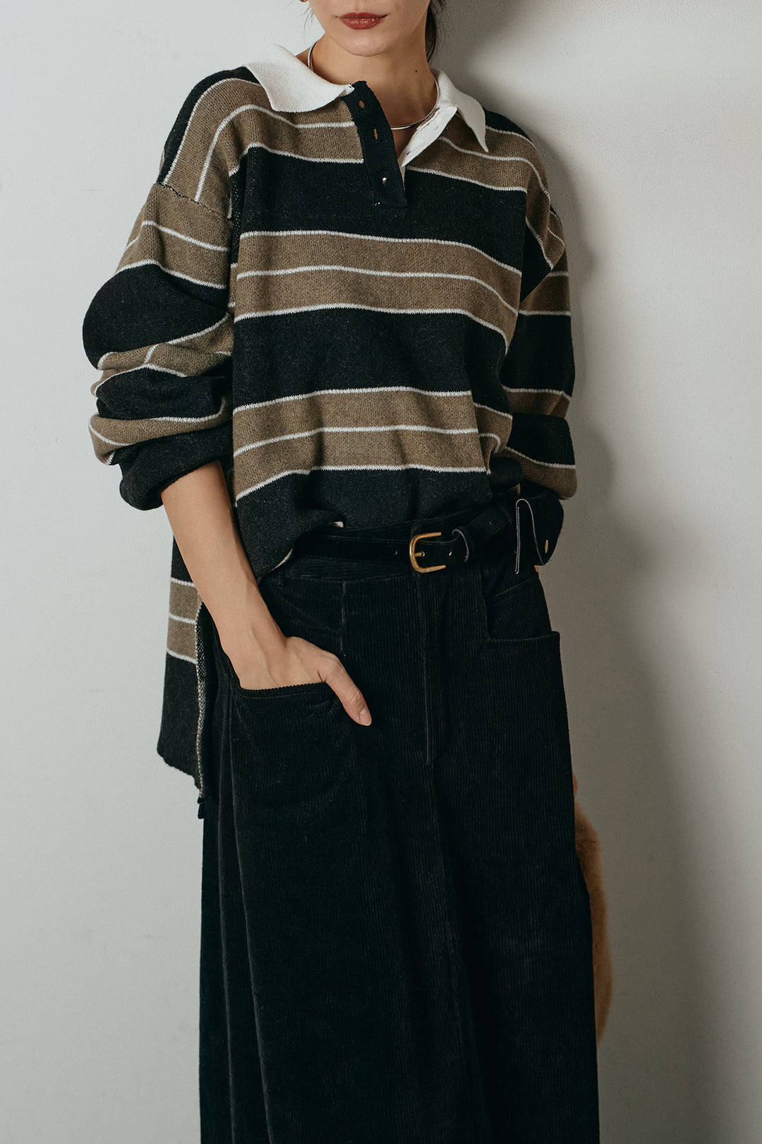 [SET]ラガーニットボーダーポロプルオーバー+ポーチベルト付きコーデュロイワイドスカート(2set)