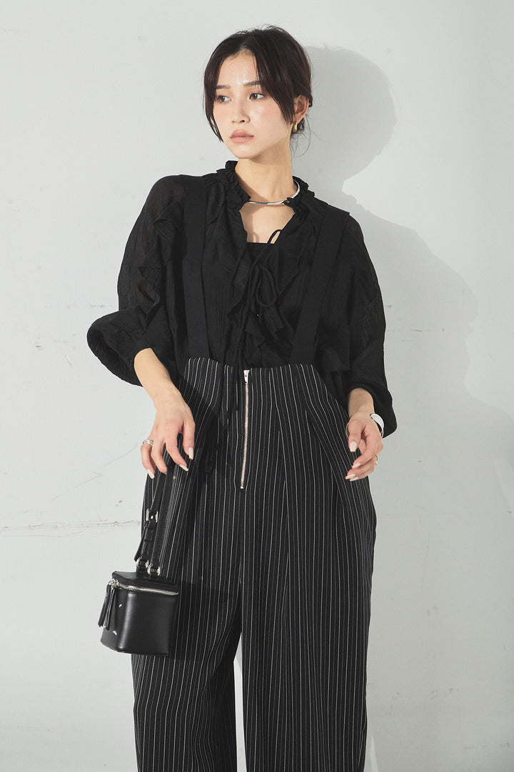 [SET]フロントリボンフリルブラウス+ピンストライプツータックサロペット(2set)
