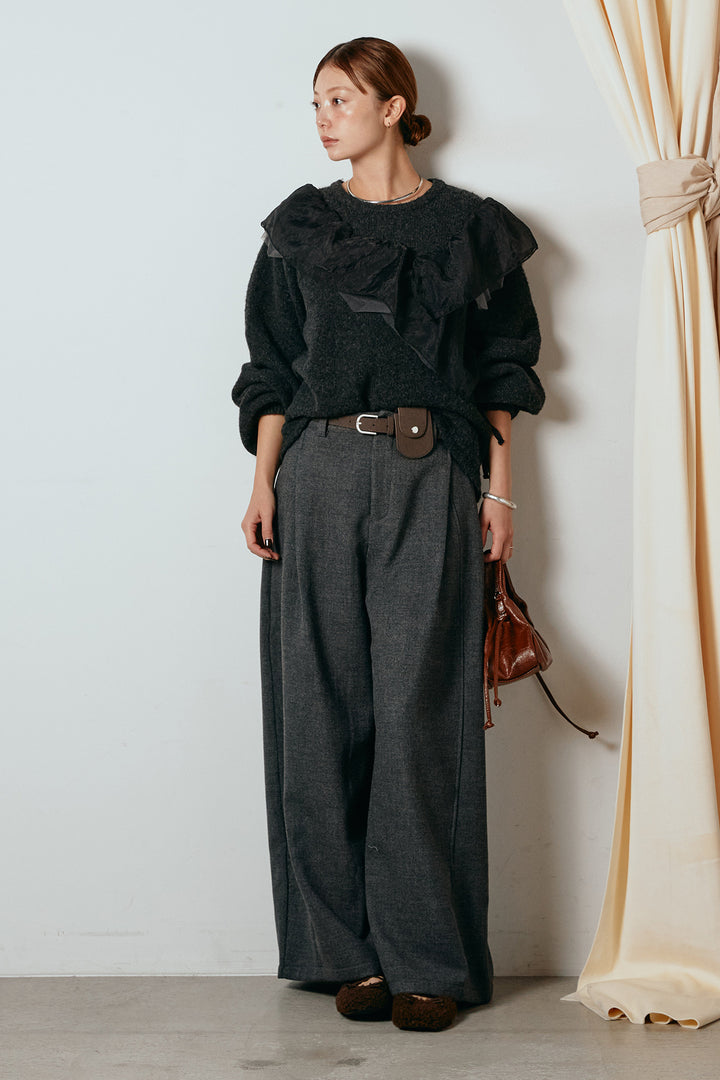 [SET]アシンメトリーフリルニットトップス+ポーチベルト付きカーブパンツ(2set)