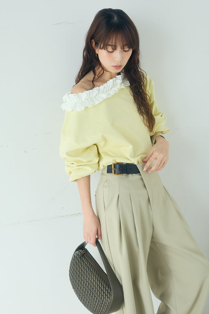 [SET]ネックギャザーフリルスウェット+サイドベルトタック入りスラックス(2set)