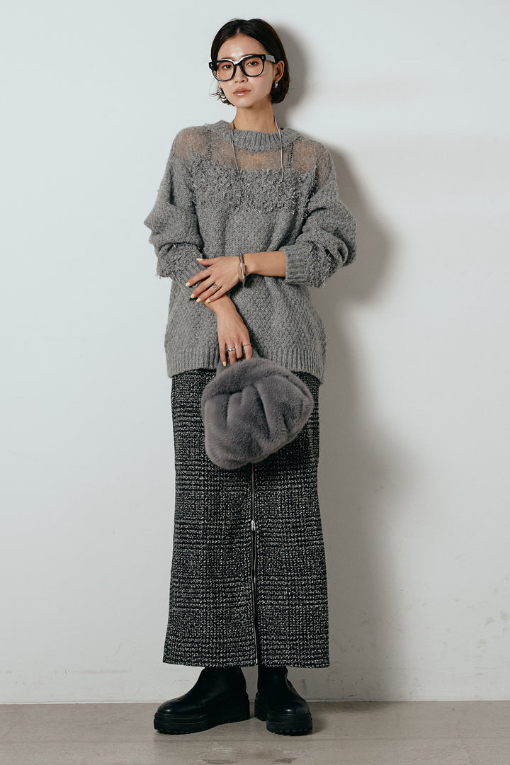 [SET]パターンランダム編みニットトップス+グレンチェック柄フロントジップタイトスカート(2set)