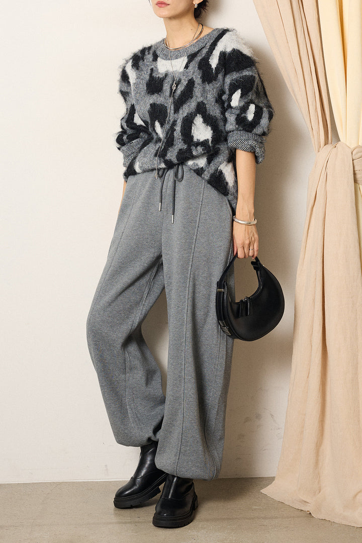 [SET]ルーズアニマルモヘアニットトップス+スウェットワイドカーブパンツ(2set)