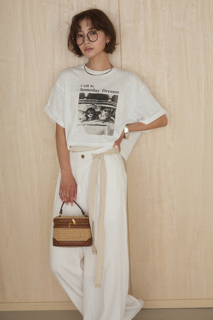 [SET]グラフィックサムデイワイドクロップドT+異素材ベルト付きラップ風ニュアンスワイドパンツ(2set)