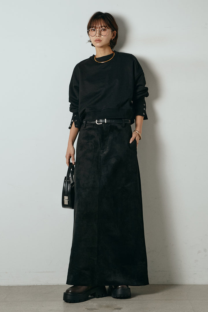 [SET]裏毛バックオープンプルオーバー+エコスウェードワイドスカート+ストレッチレースクルーネックインナー(3set)