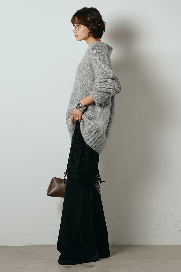 [SET]Vネックラメニットトップス+レース刺繍レイヤードフレアパンツ(2set)