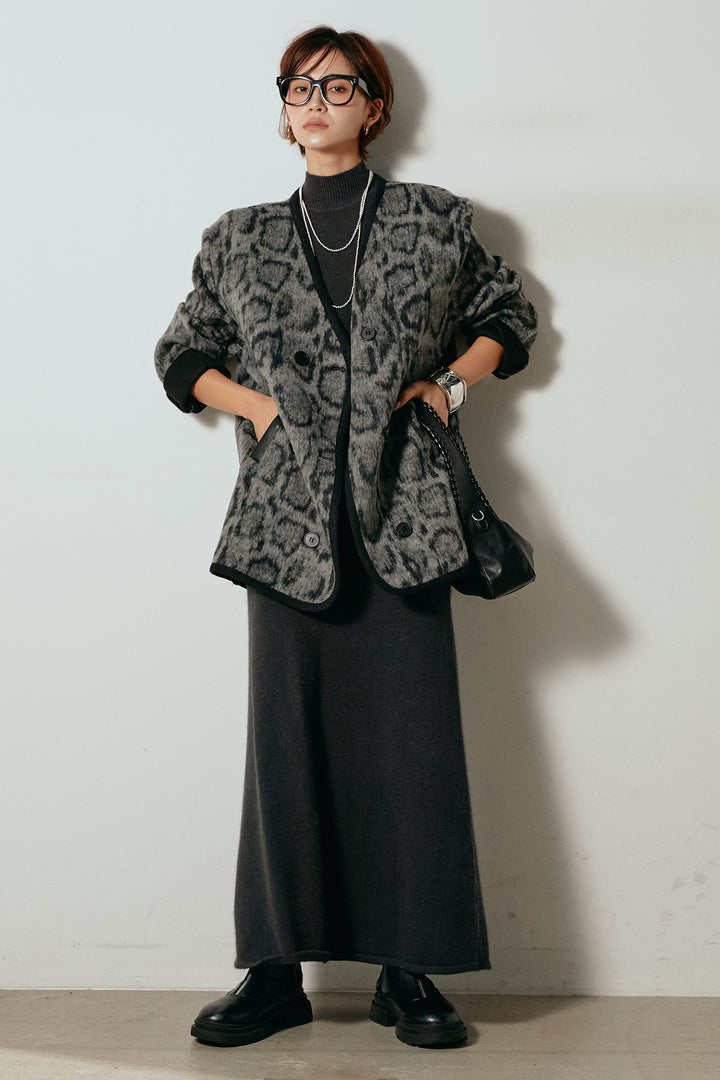 [SET]ノーカラーレオパード柄アウター+ノースリーブニットロングワンピース(2set)