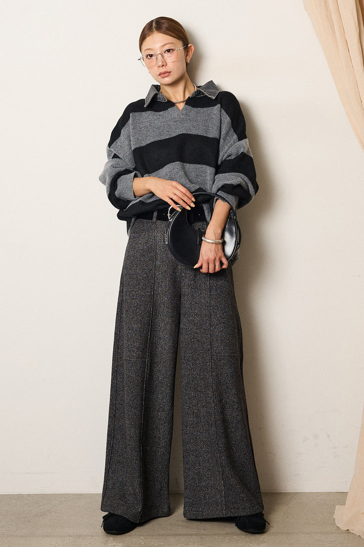 [SET]デニムカラーボーダールーズニット+太ベルト付きツイードワイドパンツ(2set)